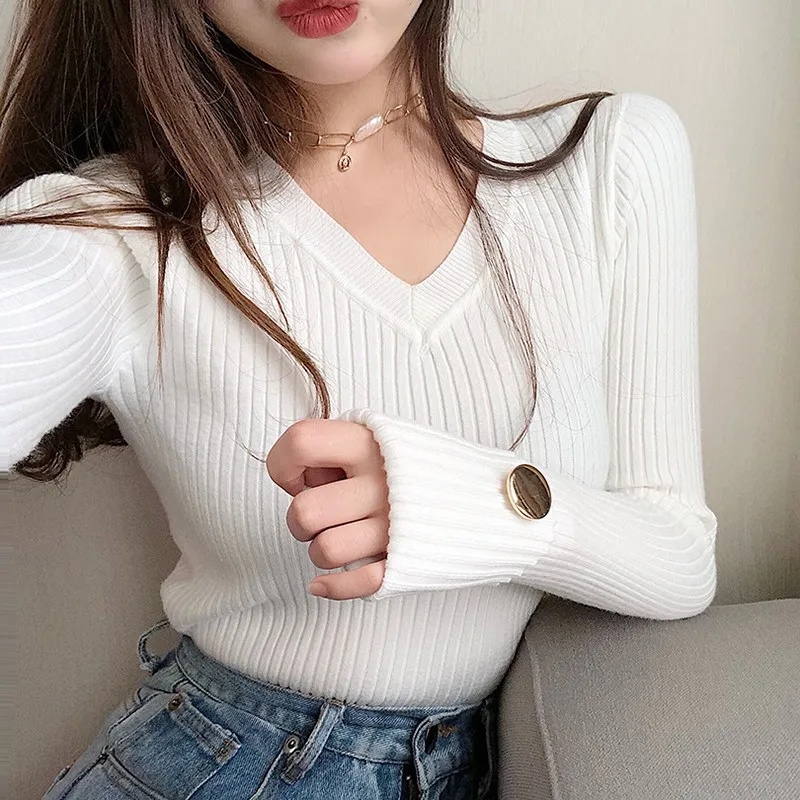 

BEFORW Autumn Sweater Women Casual Slim V-Neck Bottoming Sweaters Solid Color Winter Basic Tops Wild Long Sleeve Pullover