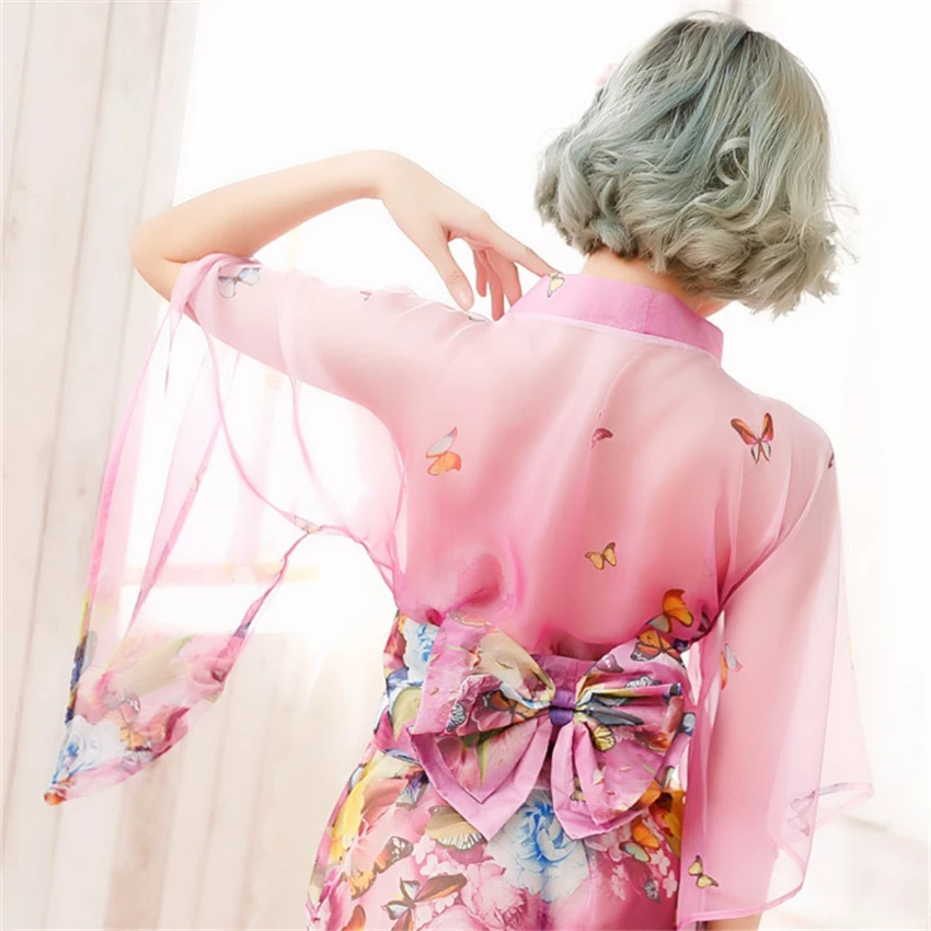 Loose Japanese Fashion Women Dress Pajamas Kimono Sleepwear Floral Lace Silk Nightdress Adult Yukata Pajamas Clothing