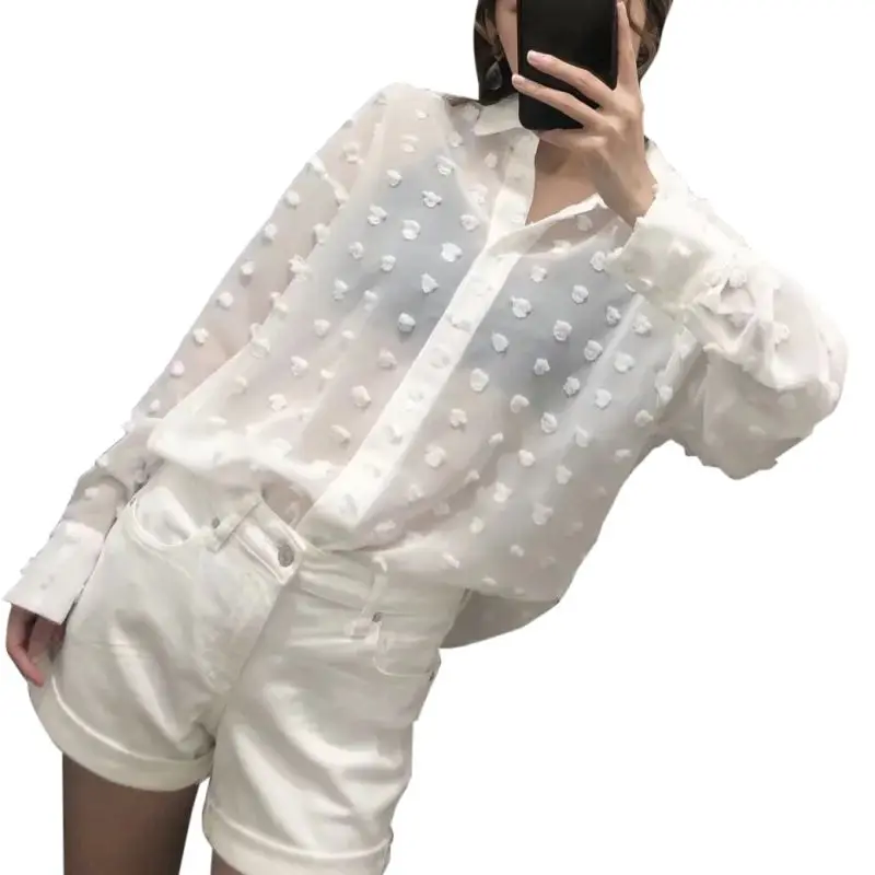 

Women New Fashion Dot Print Turn-down Collar Casual Loose Long Sleeve Button Up Semi-Transparent Blouse