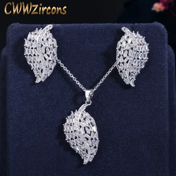 

CWWZircons High Quality White Cubic Zirconia Paved Fashion Ladies Leaf Pendant Necklace Earrings Jewelry Sets Love Gift T390