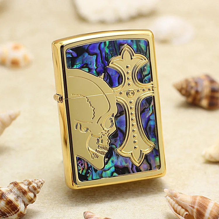 

Genuine Zippo oil lighter copper windproof Gold Skull and crosses cigarette Kerosene lighters Gift With anti-counterfeiting code