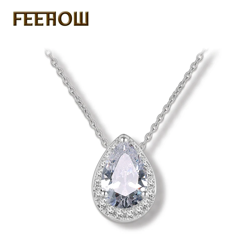 FEEHOW сверкающая белая капля воды кубический циркон кулон ожерелье высокое