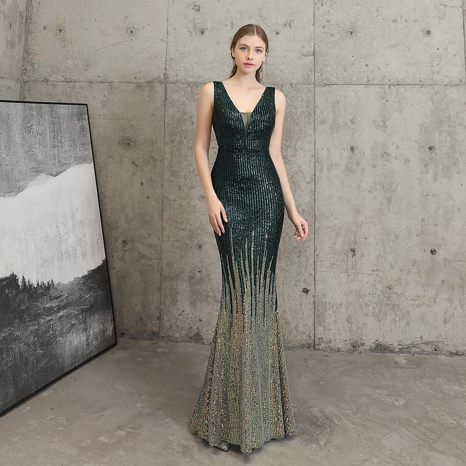 green evening gown wei yin AE0344 Robe De Soiree 2020 Sparkle Gorgeous Green Evening Dresses Long V N eck Mermaid Sexy Sequin Elegant Evening Gowns evening dresses for weddings