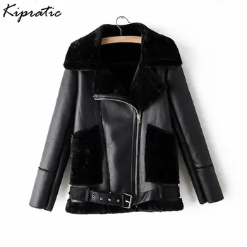 

New Autumn Winter Faux Fur PU Leather Coat Women Pocket Jacket Thickening Warm Zipper Faux Lamb Lambs Wool Fur Outwear Jackets