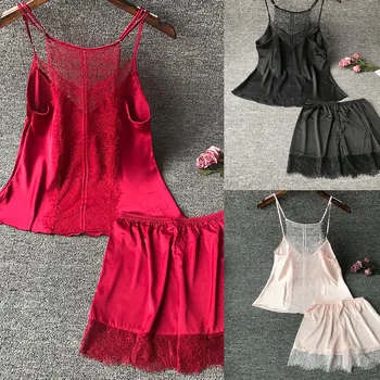 

New Women Pajamas Set Elegant Lace Satin Strap Clothes Summer Sleepwear Top + Shorts Pajamas Set Plus Size Nightwear