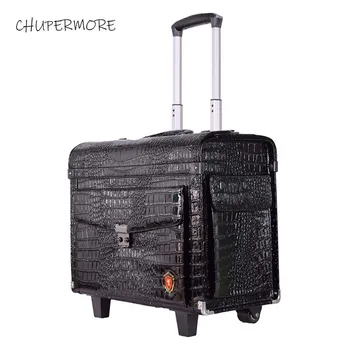 

Retro PU Leather pilot Rolling Luggage Spinner black Crocodile Multifunction suitcase Wheels 19 inch Cabin captain Flight Case