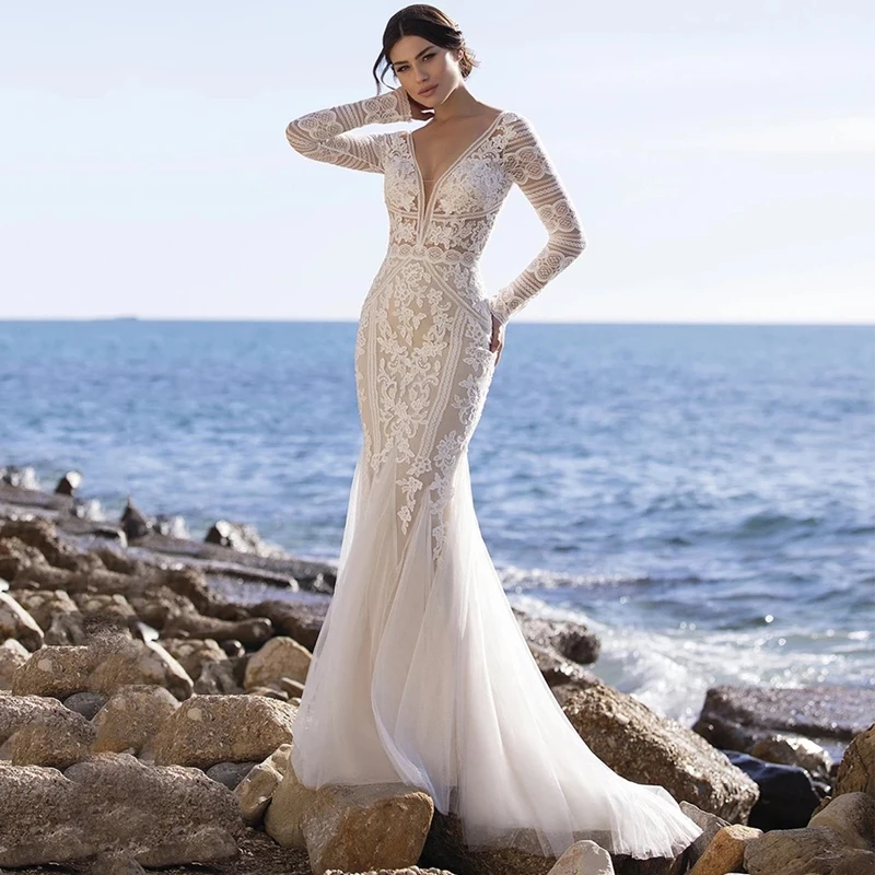 New Beach Mermaid Wedding Dresses 2021 V-Neck Long Sleeve Lace Appliques Backless Tulle Bride Gown Sweep Train Vestidos De Noiva | Свадьбы и