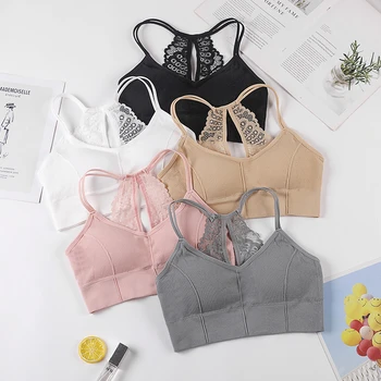 

Hollow Out Floral Lace Back Crop Top Women Sexy Sleeveless Camisole Top Seamless Sports Lingerie Bra Underwear Padded Tank Tops