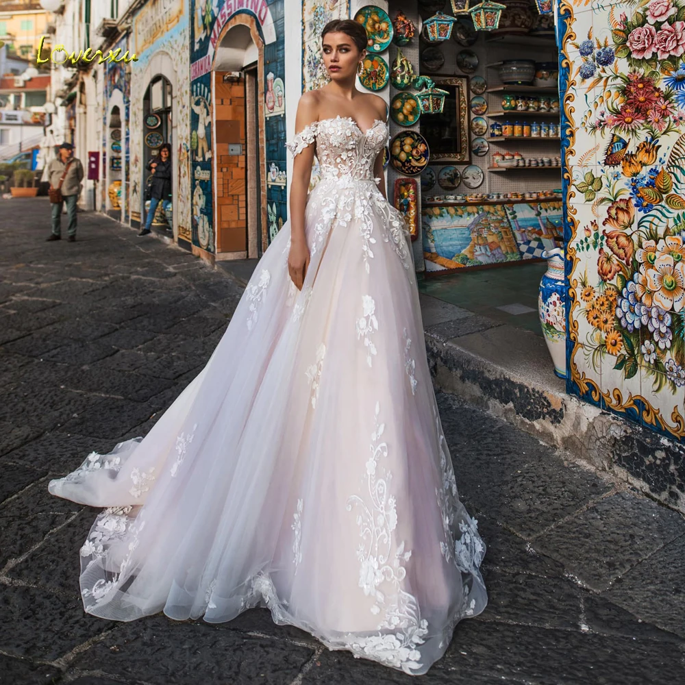 Loverxu Sexy Backless Boat Neck Lace A Line Wedding Dress 2021 Luxury Appliques Off The Shoulder Court Train Vintage Bridal Gown | Свадьбы и