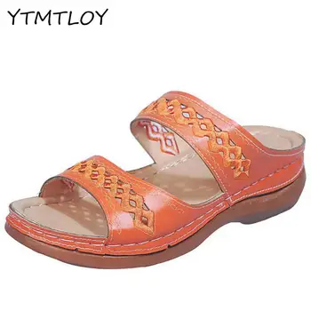 

Women's Flat Slippers 2020 Summer Lady Retro Stitching Low Beach Open Peep Toe 5 colors Shoes Slides Plus Size 35-43