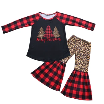 

Baby girls Christmas tree leopard design black red long sleeve shirt top raglan bell bottom pants kids outfits clothing sets