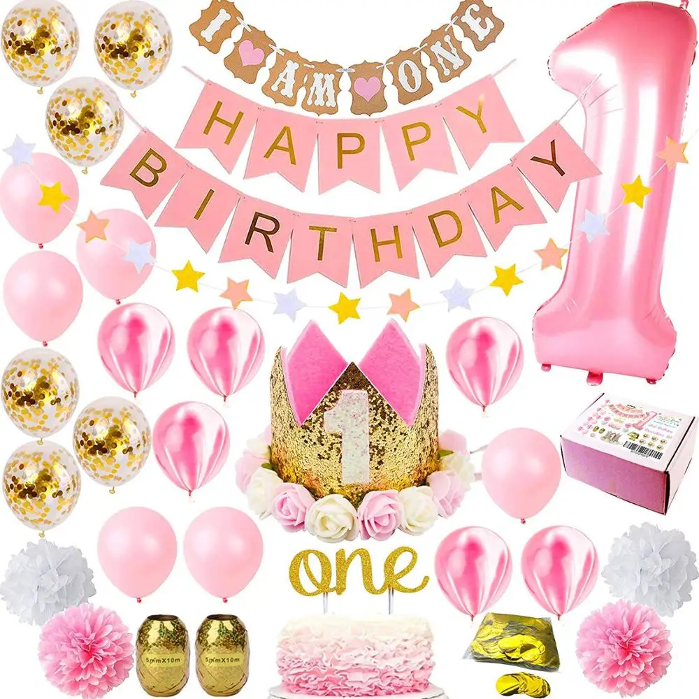 

1 Year Tiara Crown Hat One Cake Topper Girls First Decor Party Princess Pink n Gold Theme Kit