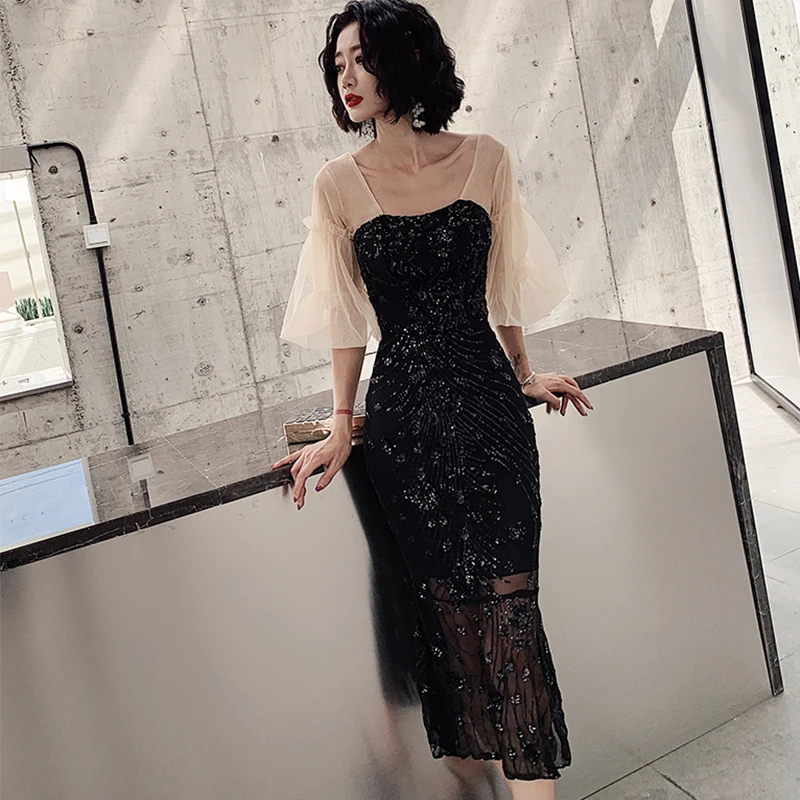 

Illusion Evening Dress Scoop Collar Half-Sleeve Robe De Soiree Zipper Women Party Dresses F121 Sequins Mermaid Evening Gown 2020