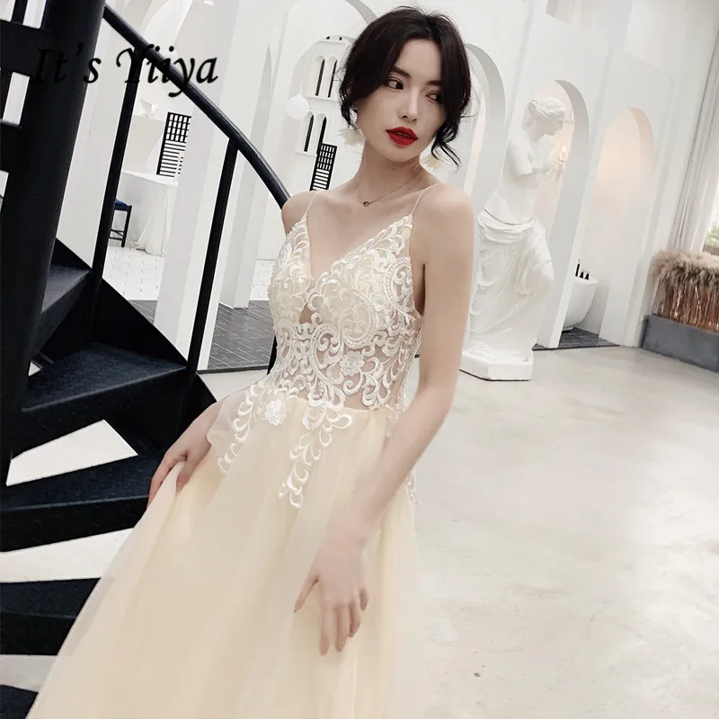 Это Yiiya вечернее платье, элегантное кружевное вечернее платье цвета шампанского, v-образный вырез, строп, вечерние платья размера плюс, robe de soiree LF122