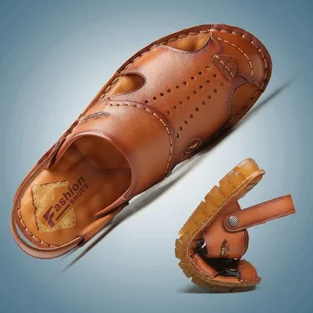 

Summer Mens Hand Made Beach Shoes Genuine Leather Casual Sandals Comfortable Breathable Slippers Fashion