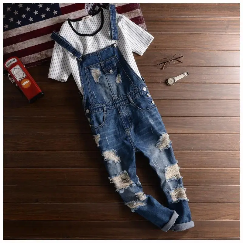 Blue Hole Overalls Men Denim Jumpsuit Ripped Tattered Jeans Bib Ankle Length Hip Hop Big Pocket Korean Cargo Pants Trousers