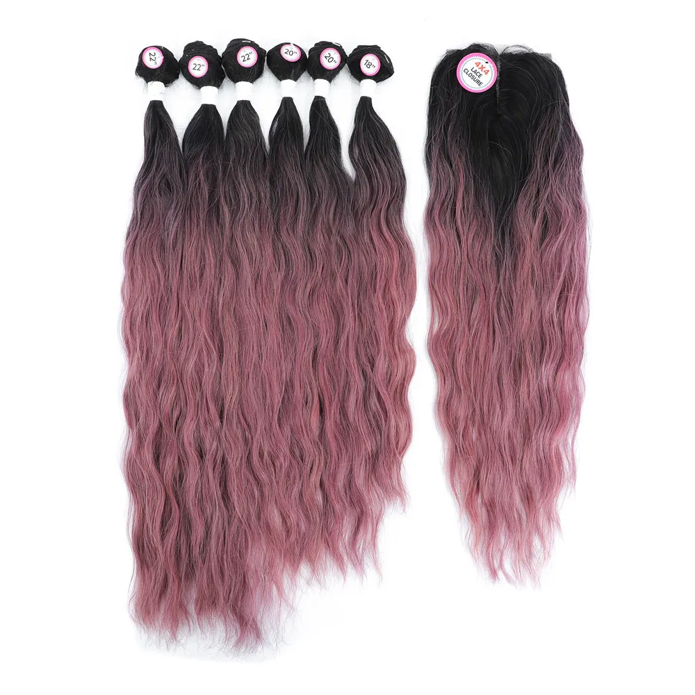 Synthetic hair bundles With closure Middle part Rose pink ombre color Hair extensions Weave For women X-TRESS Long natural wave