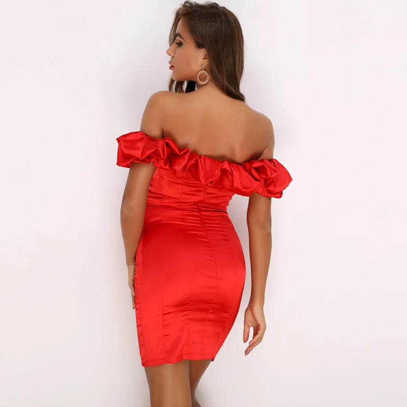 Feditch Satin Ruffles Sleeve 2020 Summer Dress Backless Strapless Bodycon White Dress Short Sexy Party Dress Nightclub Vestidos