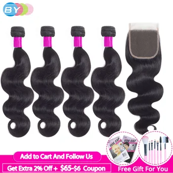 

Body Wave Bundles With Closure Human Hair 4 Bundles with Closure Body Wave Swiss Lace Closure Brazilian Remy Hair Extension BY