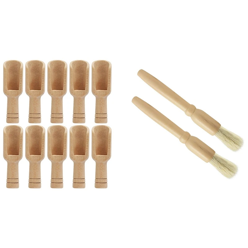 2 Pcs Coffee Grinder Cleaning Brush Wood Dusting for Espresso Stations and Equipment & 10PCs Wooden Mini Scoop | Дом и сад