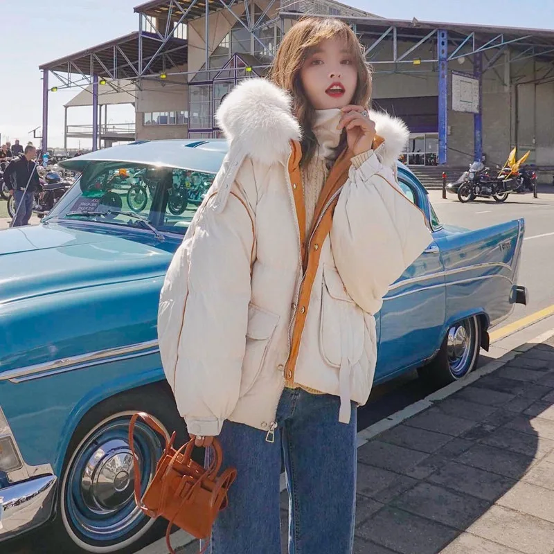 

Photo Shoot CHIC Blue Open Wire Contrast Color Embroidered Five-pointed Star Short down Coat Hooded Large Fur Collar Cotton Over