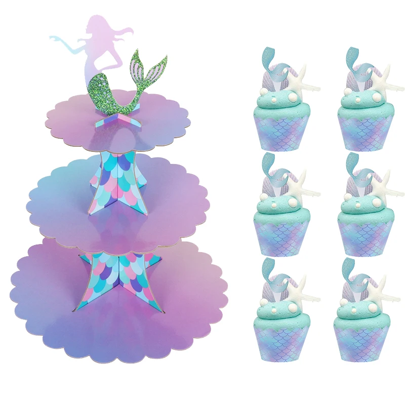 

Mermaid Party 3-tier Paper Cake Stand Under the sea Baby Shower Girl 1st Birthday Party Decoration Wedding Cupcake Wrapper Stand