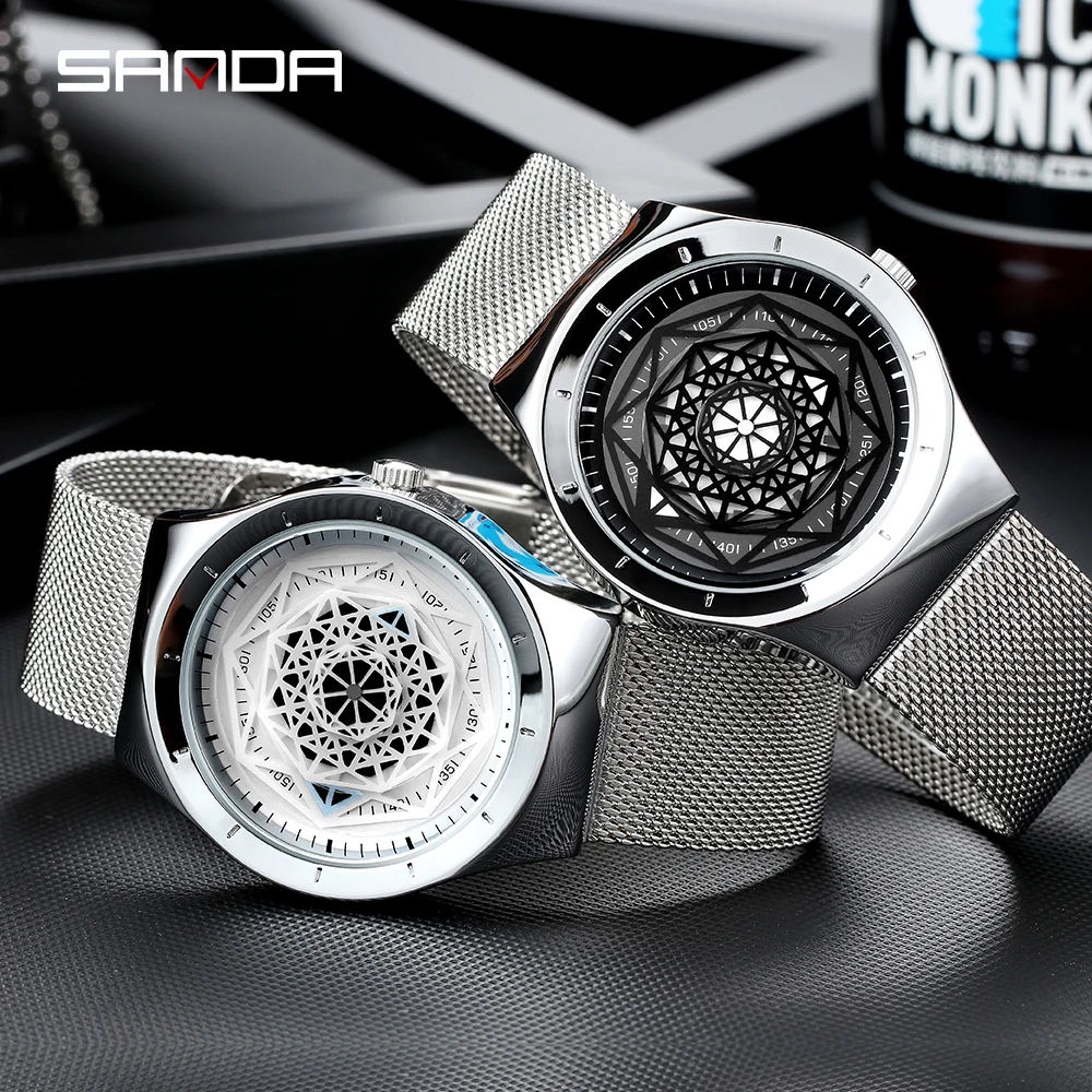 SANDA Unique Geek Watch Men Quartz Creative Turntable Dial Leather Mesh Strap Cool Male Wristwatch Luxury Clock Relogio Masculin