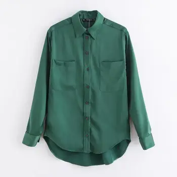 

women autumn silk loose shirt 2019 fashion girls ladies green solid pockets buttons draped female casual stylish smooth shirts