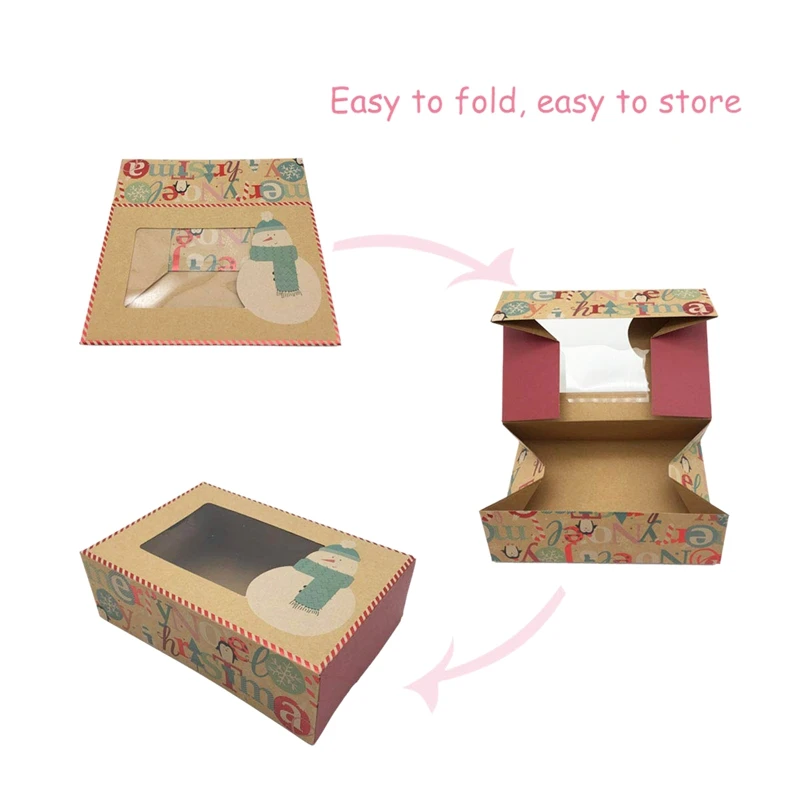 12Pack Christmas Snowman Gifts Boxes with Window, Candy Boxes, Cookie Gift Boxes,Brown Kraft Boxes with Christmas Pattern