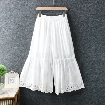 

2020 New Spring Women Pants Mori Girl Fresh Elasticated Waist Cotton and linen Loose Lace Embroidered wide-leg pants