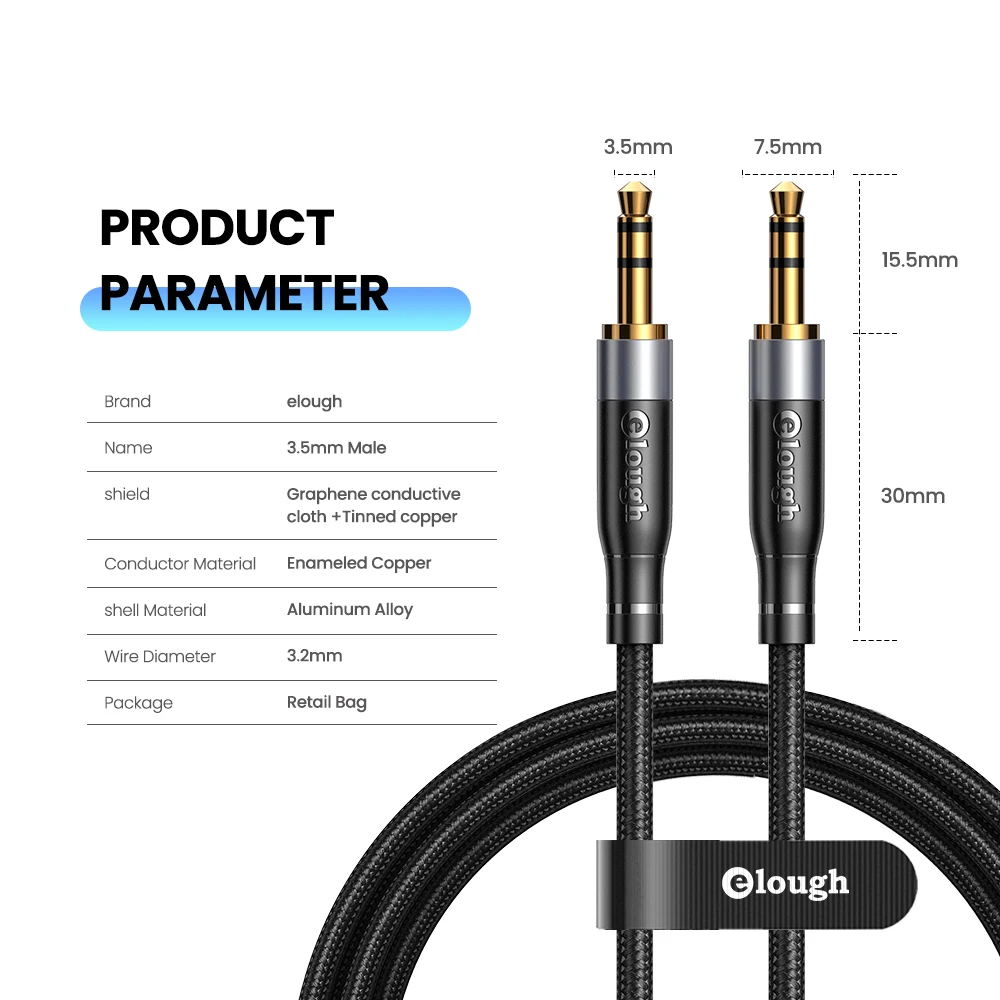 Elough 3.5mm Jack Audio Cable Jack 3.5 mm Male to Male Audio Aux Cable For Samsung S10 Car Headphone  Xiaomi Redmi 4x Audio Jack