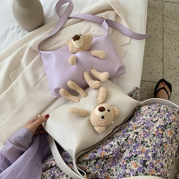 

2020 New Fashion Women Cute Bear Pendant Crossbody Bag Girl Shoulder Bag PU Leather Female Daily Travel Messenger Bags