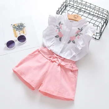 

Clothing for girls 2 to 8 years summer new children's fashion suit baby embroidered flowers linen sleeveless top pink shorts