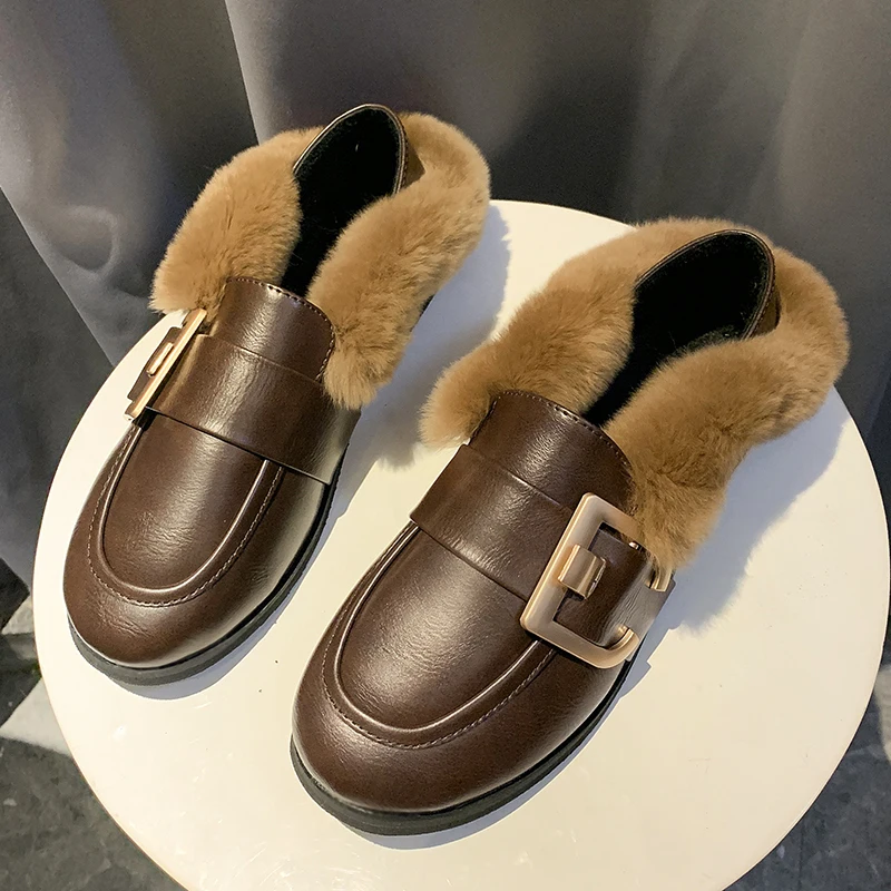 all match fur buckle slip-on moccasins winter new student outside casual loafers brand genuine rabbit hair warm women shoes