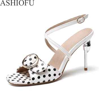 

ASHIOFU Womens High Heel Sandals X-buckle Strap Summer Shoes Black-dots Leather Party Prom Fashion Evening Sandals Shoes
