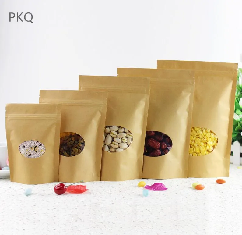 

High Quality Brown Kraft Paper Packaging Bag Ziplock Stand up Bag with transparent window Recycled Small Zip Lock Bag 100pcs