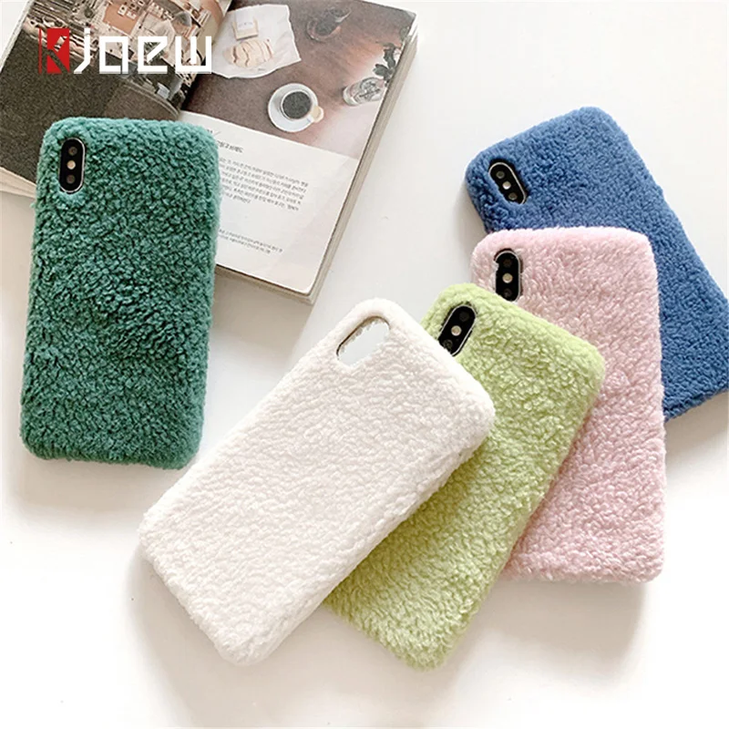 KJOEW Plush Warm Furry Case For iPhone 11 Pro 2019 X XR XS Max 7 8 6 6s Plus Solid Candy Color Phone Soft PU Back Cover |