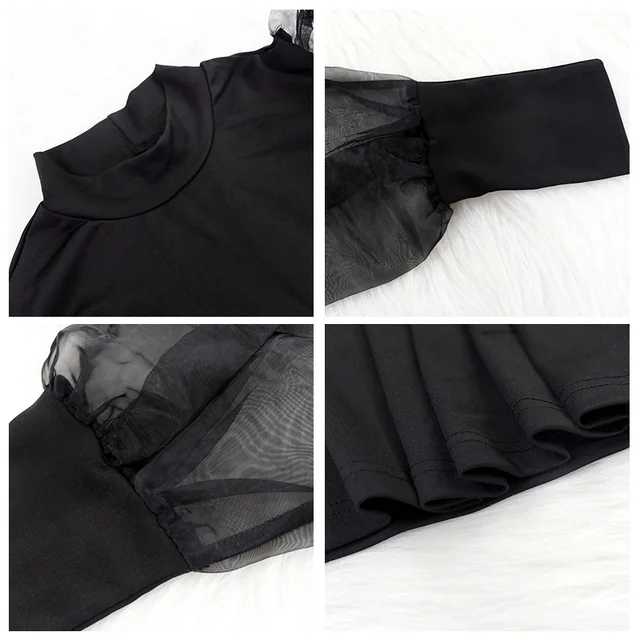 Mesh Puff Long Sleeve Bodycon Midi Dress Women High Neck Sexy Clubwear Split Pencil Black Slim Women's Party Dress 2022 Robe 6
