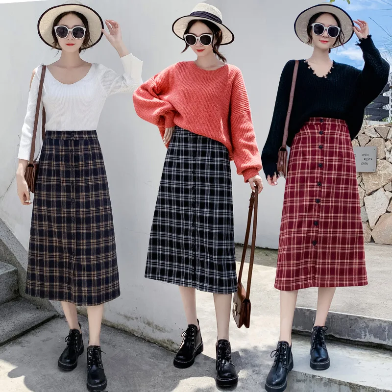 

Photo Shoot 2019 Autumn And Winter New Style Plaid Skirt Women's Mid-length A- line Skirt Sheath Long Skirts High-waisted One-st