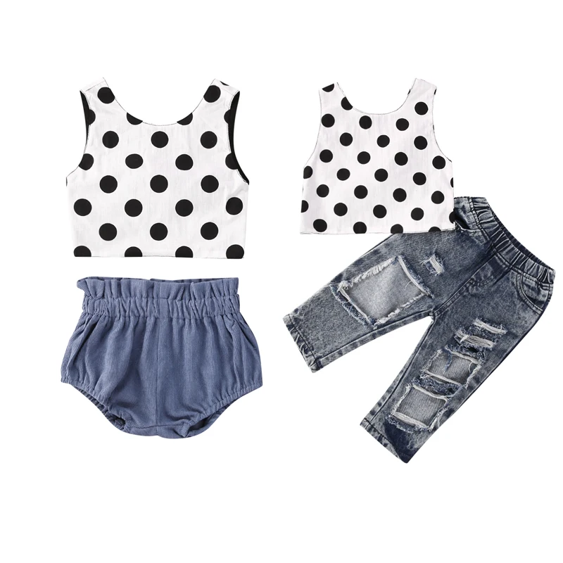 2020 Baby Summer Clothing Girl 2PCS Outfit Set Polka Dot Sleeveless Back Bow Top Solid Color Ruffle Short Pants Long Hollow Jean | Детская