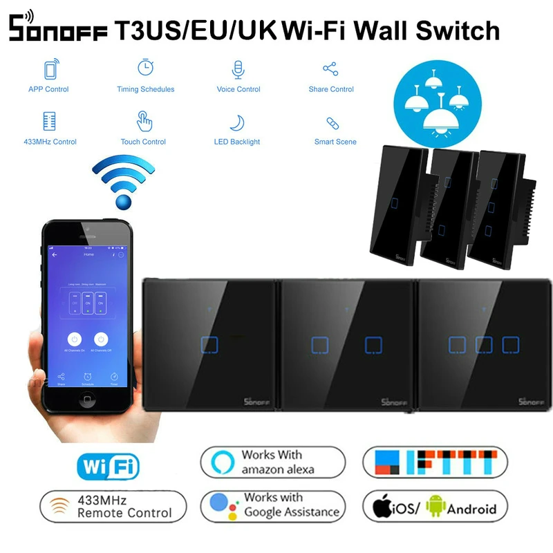 SONOFF T1 T2 T3 TX США/ЕС/Великобритания 433 RF управление 1/2/3 Gang Basic Smart Home Wifi сенсорный