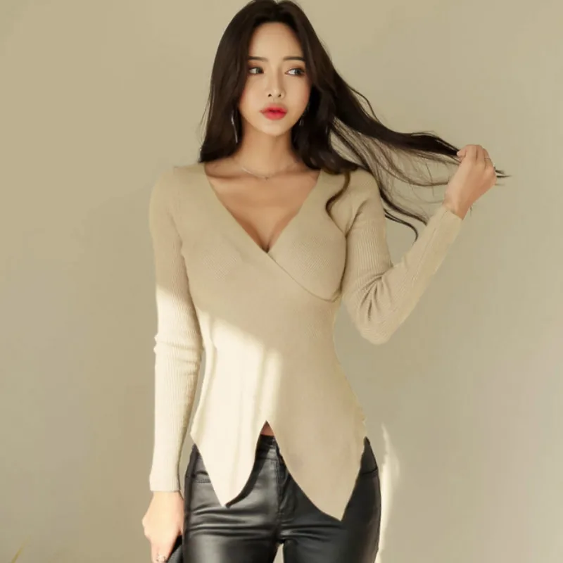

Autumn Long Sleeve V-Neck Solid Women Knitted Top Irregular Brief Sexy Sweater