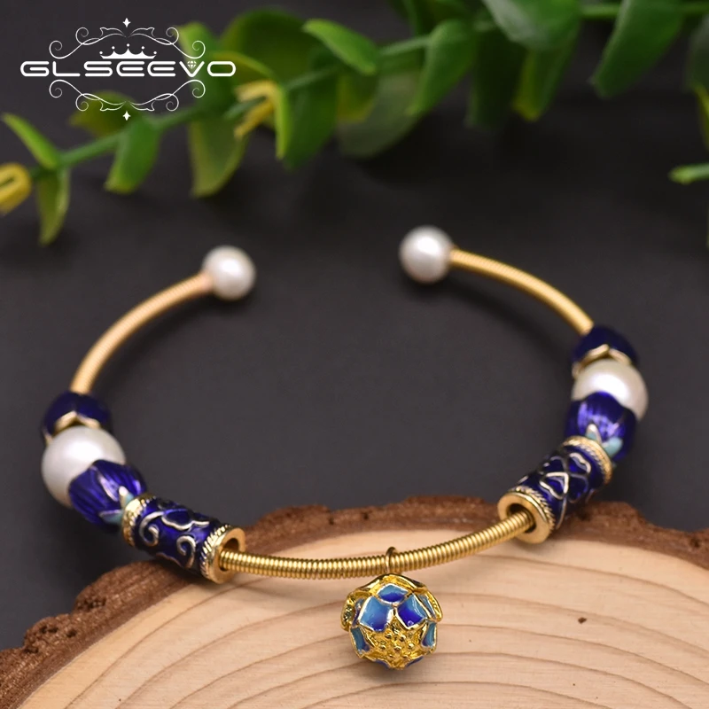 

Glseevo Handmade Cloisonne Temperament Women Bracelets Bangles Natural Fresh Pearl Charm Flower Bracelet Femme Jewellery GB0937