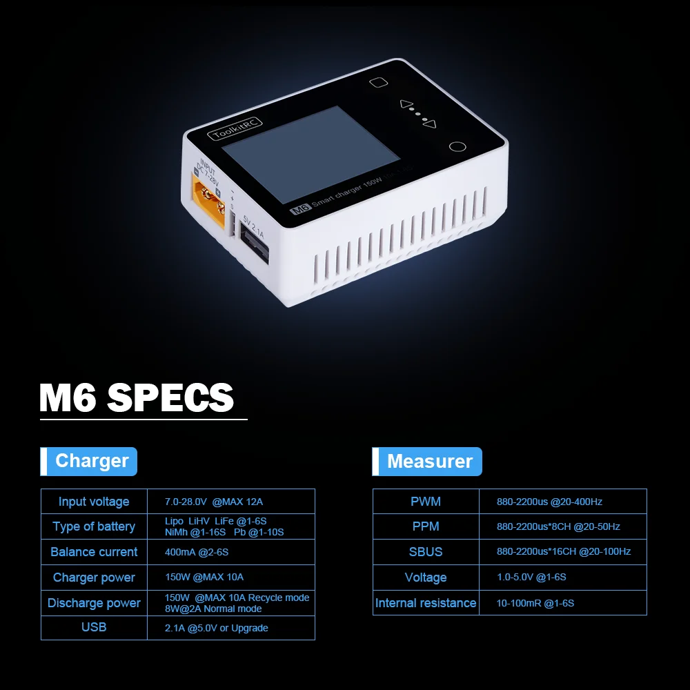 ToolkitRC M6 150 w 10A 1-6 S цветной экран многофункциональный микро Карманный умный аккумулятор зарядное устройство диагностический набор