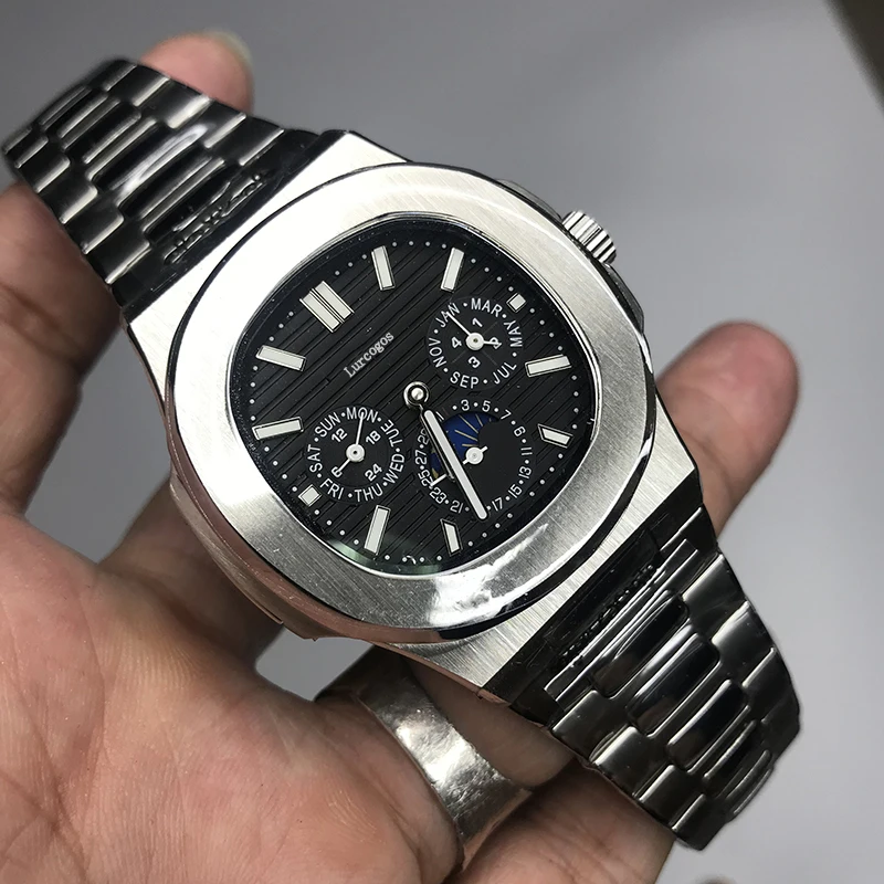 

Mens silver watch PP automatic self winding glide smooth Black dial AAA quality all small sub dials works 315L stainless steel