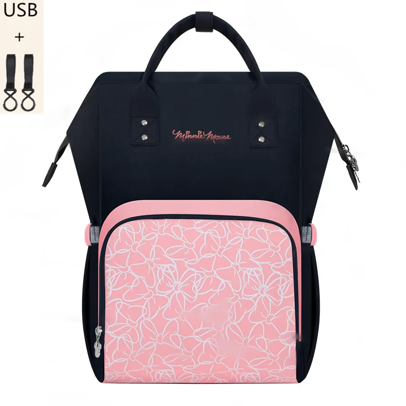 1 Disney Mickey Minnie Diaper Bag Large Capacity USB Heating Backpack Waterproof Outdoor Travel Bags Mummy Handbag - Color: 1
