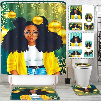 

Christmas African woman Print Shower Curtain 4 Piece Carpet Cover Toilet Cover Bath Mat Pad Set Bathroom Curtain with 12 Hooks