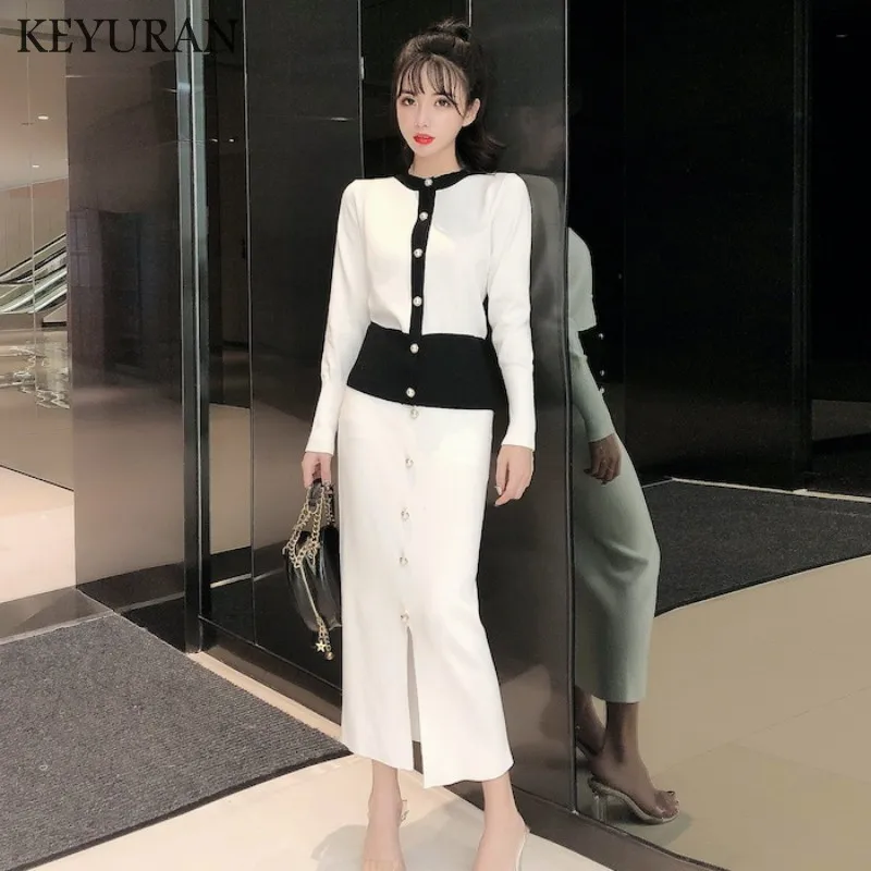 

New Fashion Single Breasted OL Work Sweater 2 Two Piece Set Women Knitted Cardigans Cropped Tracksuit Slim Bodycon Skirt Suit