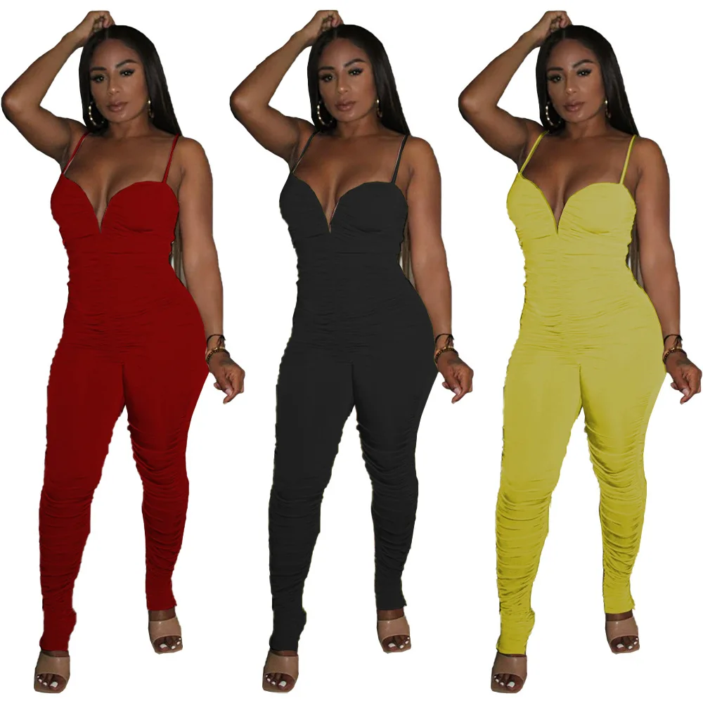 

Echoine Women Solid color Spghetti Strap Plunging V-neck Sleeveless Stacked Bell Bottom Jumpsuit Sexy Club Party Romper Overalls