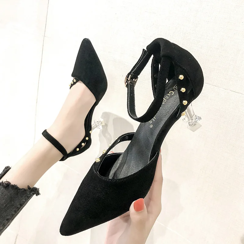 

2019 Summer New Style Sandals Korean-style Fashion Pointed Fine High Heel Shoes Rivet A- line Buckle Hallow Sandals